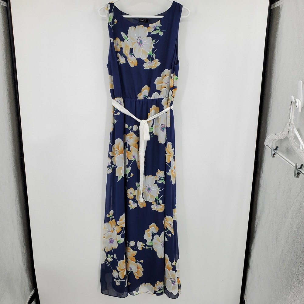 Liza Luxe Navy Blue Floral Sleeveless Maxi Dress with Belt Large Boho Tropical